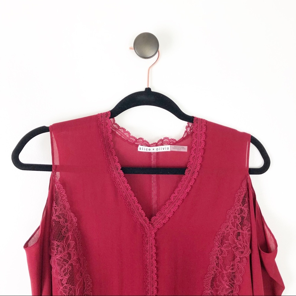 Alice + Olivia Farah Lace Silk Cold Shoulder Top - Picture 5 of 8